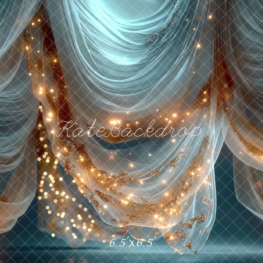 Kate Blue Sheer Drapes with String Lights Printed Backdrop Designed by Mini MakeBelieve
