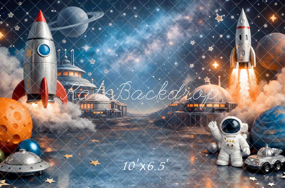 Kate Space Rocket Astronaut Planets Starry Sky Printed Backdrop Designed by Mini MakeBelieve