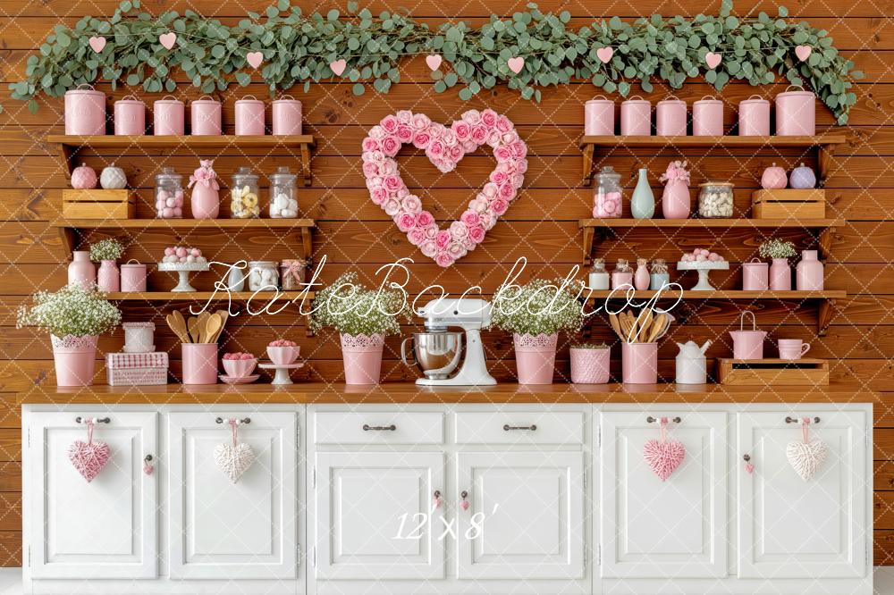 Kate Valentine's Day Pink Heart Floral Kitchen Cabinet Backdrop Designed by Patty Roberts