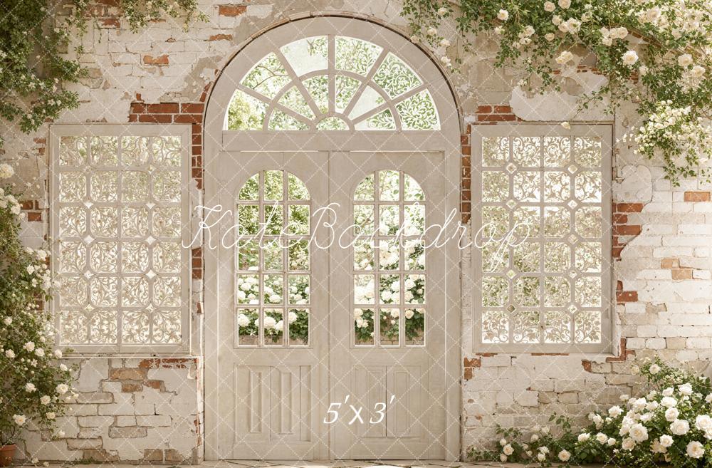 Kate Spring White Brick Arch Door Floral Window Backdrop Designed by Emetselch