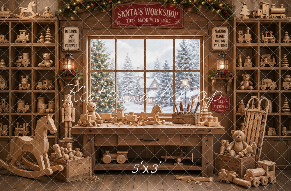 Kate Christmas Santa Workshop Wooden Toys Window Printed Backdrop Designed by Emetselch