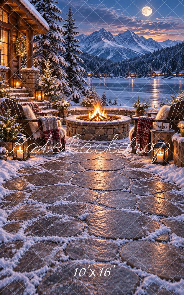 Kate Sweep Christmas Snowy Mountain Lodge Firepit Printed Backdrop Designed by Vertigo Productions