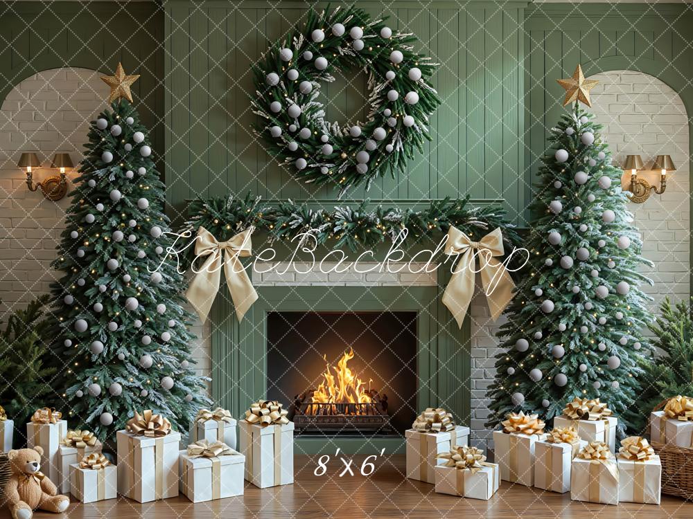 Kate Christmas Fireplace Tree Wreath Presents Gifts Green Backdrop Designed by Mini MakeBelieve