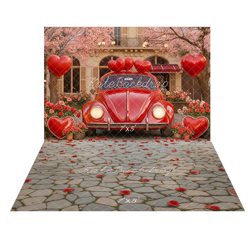 Kate Valentine's Day Red Car Heart Balloons Pink Flowers Backdrop+Cobblestone Floor With Red Rose Petals Backdrop