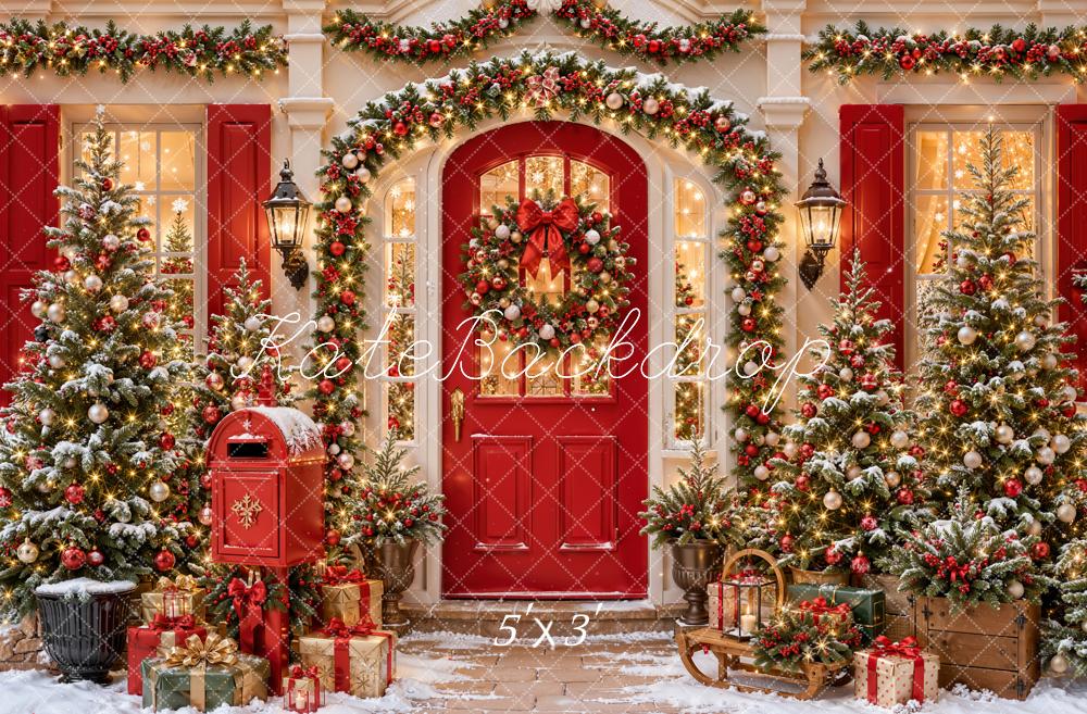 Kate Christmas Red Door Mailbox Garland Trees Victorian House Printed Backdrop Designed by Emetselch