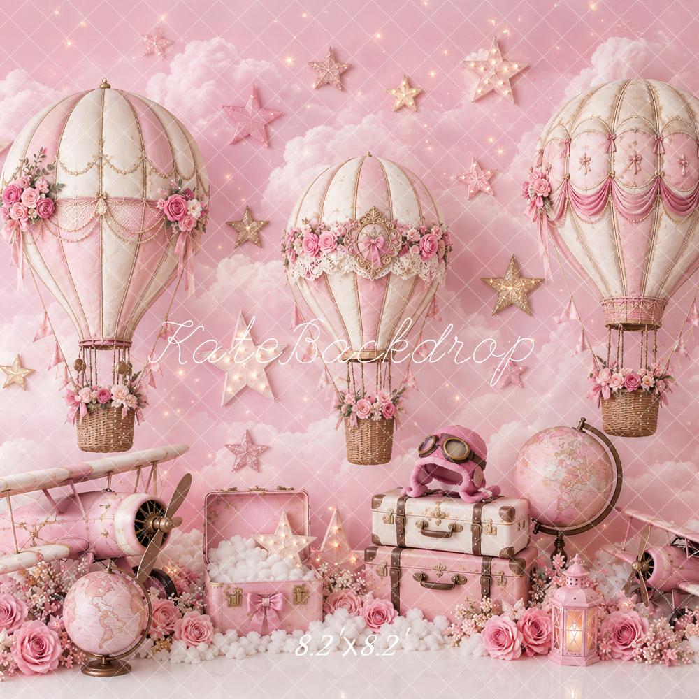Kate Cake Smash Pink Hot Air Balloons Airplane Travel Printed Backdrop Designed by Ashley Paul