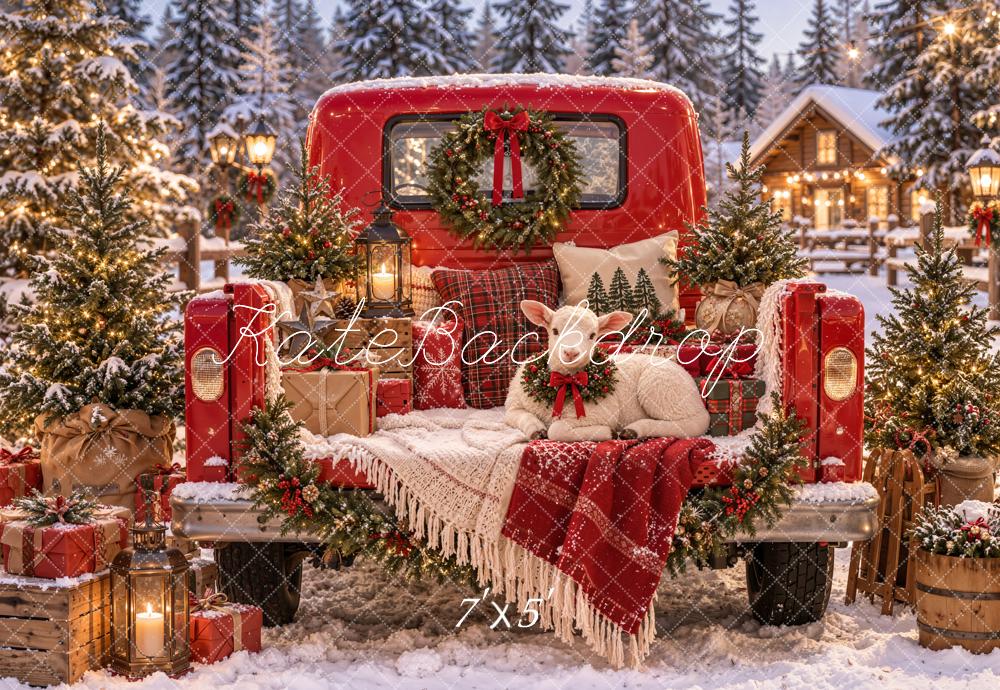 Kate Christmas Red Truck Sheep Gifts Snowy Trees Cabin Printed Backdrop Designed by Emetselch