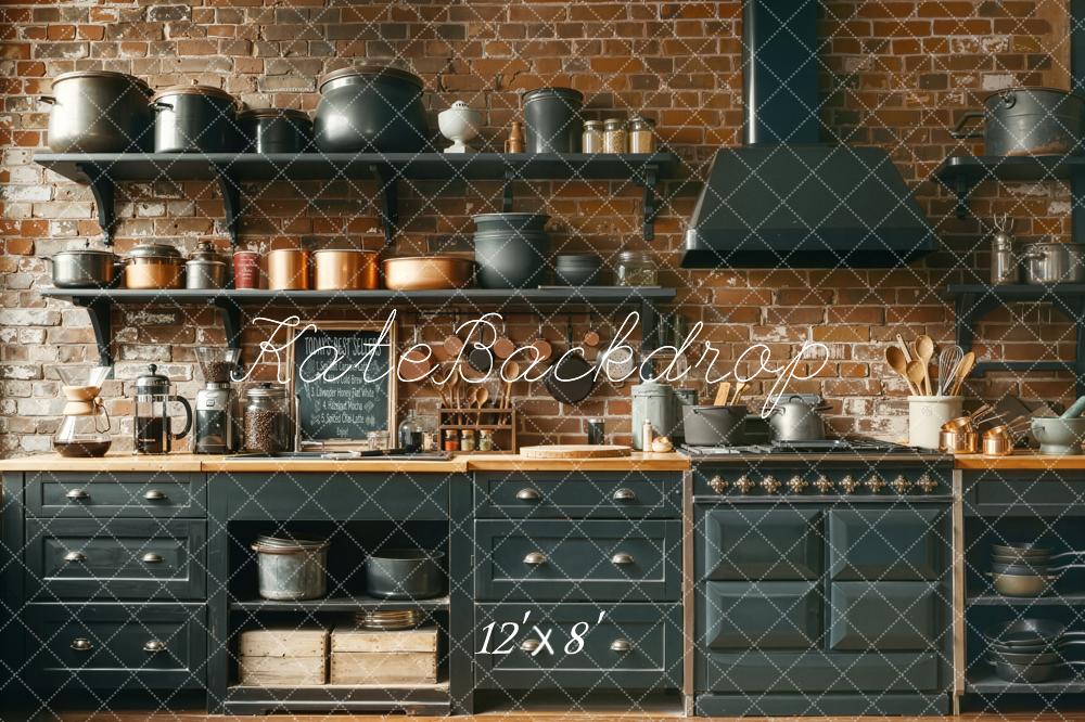 Kate Rustic Kitchen Brick Wall Shelves Cookware Backdrop Designed by Chain Photography