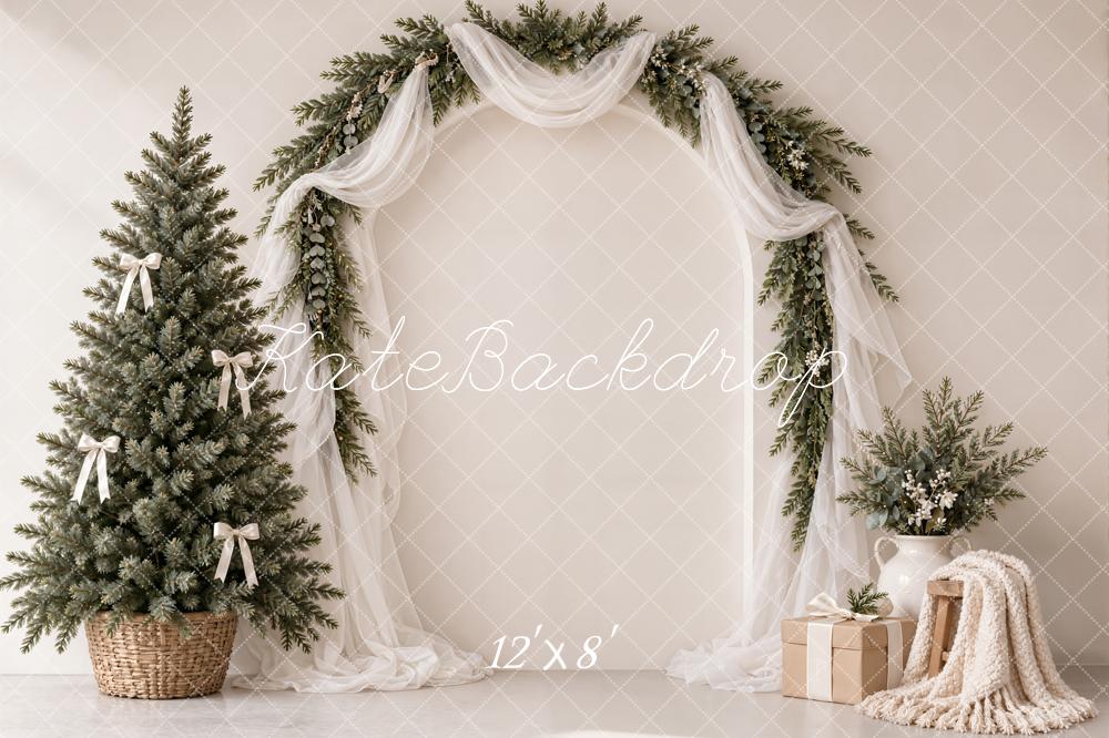 Kate Christmas Tree Evergreen Arch White Drapes Bow Printed Backdrop Printed Backdrop Designed by Emetselch