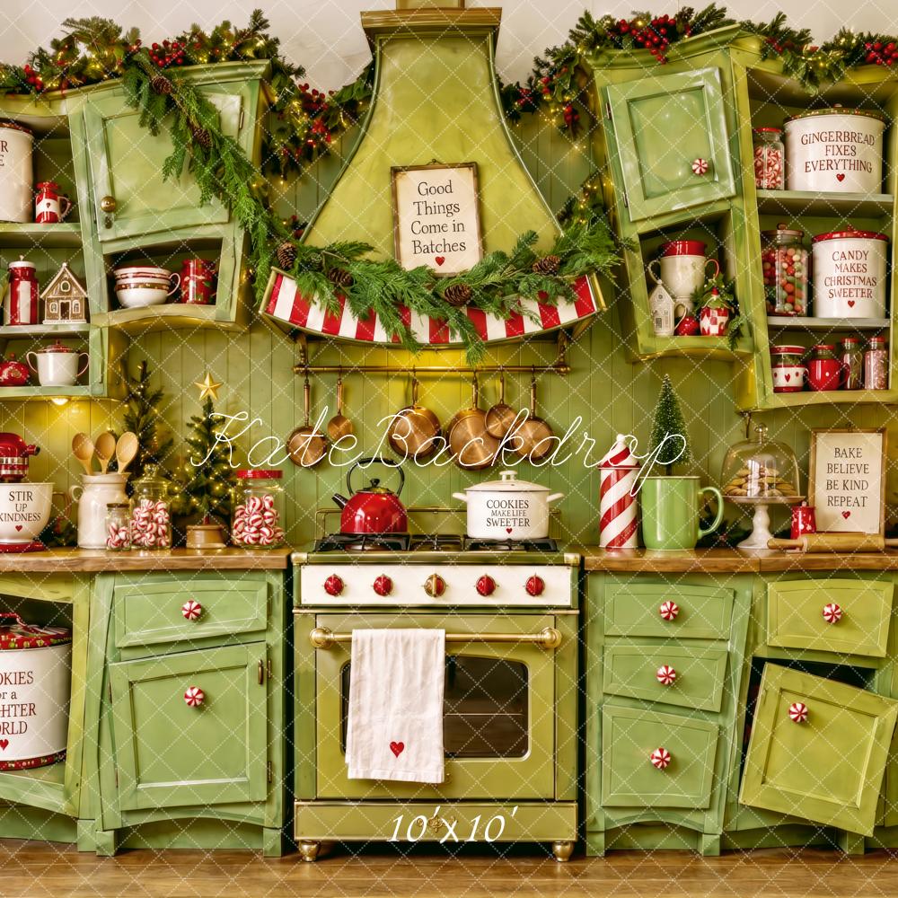 Kate Christmas Whimstical Green Kitchen Cabinet Printed Backdrop Designed by Patty Roberts