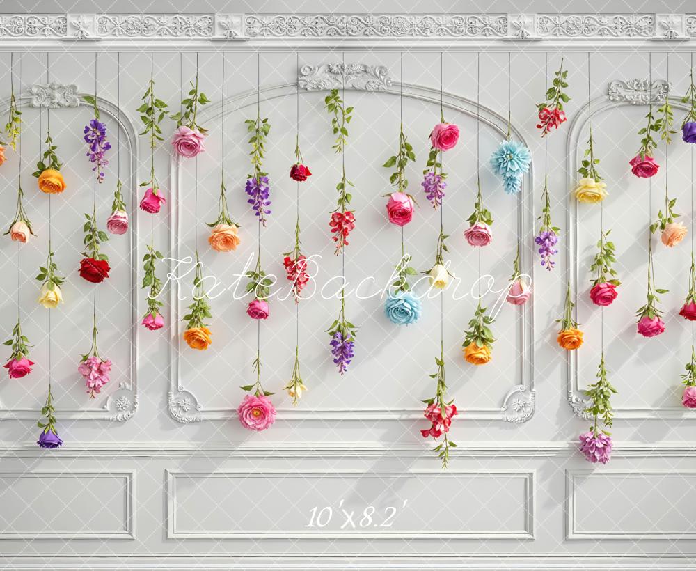 Kate Spring Hanging Flowers White Retro Wall Backdrop Designed by Mini MakeBelieve