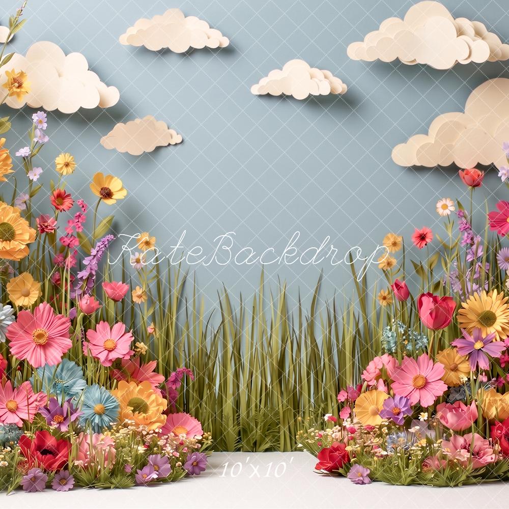 Kate Spring Paper Flowers Wildflower Meadow Clouds Printed Backdrop Designed by Angela Miller