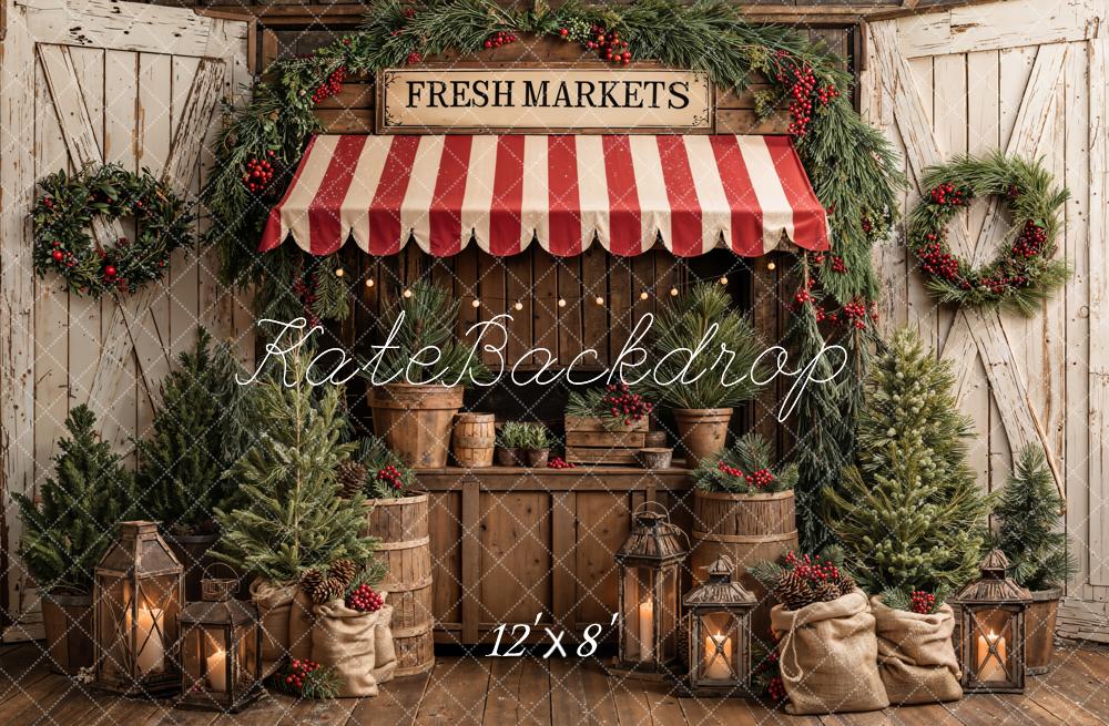 Kate Christmas Market Pine Trees Wreath Lanterns Printed Backdrop Designed by Emetselch