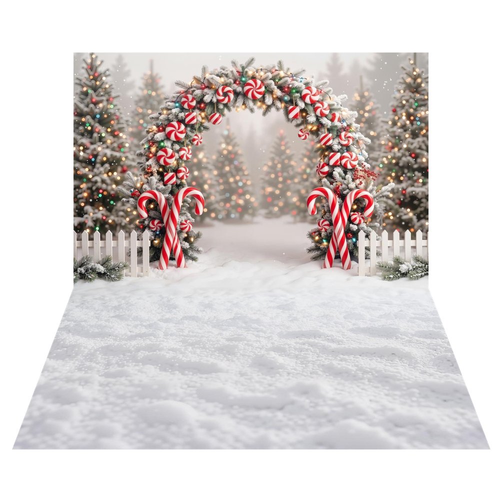 TEST Kate Christmas Flower Arch Candy Cane Peppermint Snowy Trees Printed Backdrop+White Snow Ground Texture Printed Backdrop