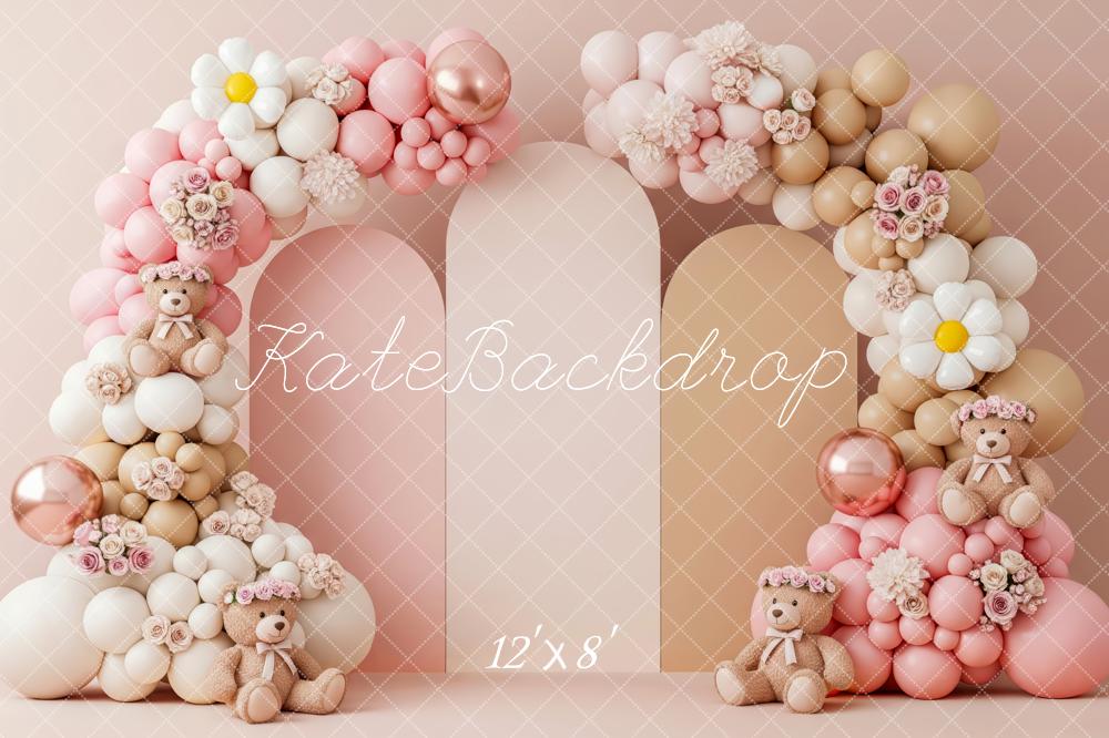 Kate Cake Smash Flower Arch Balloons Teddy Bears Backdrop Designed by Patty Roberts