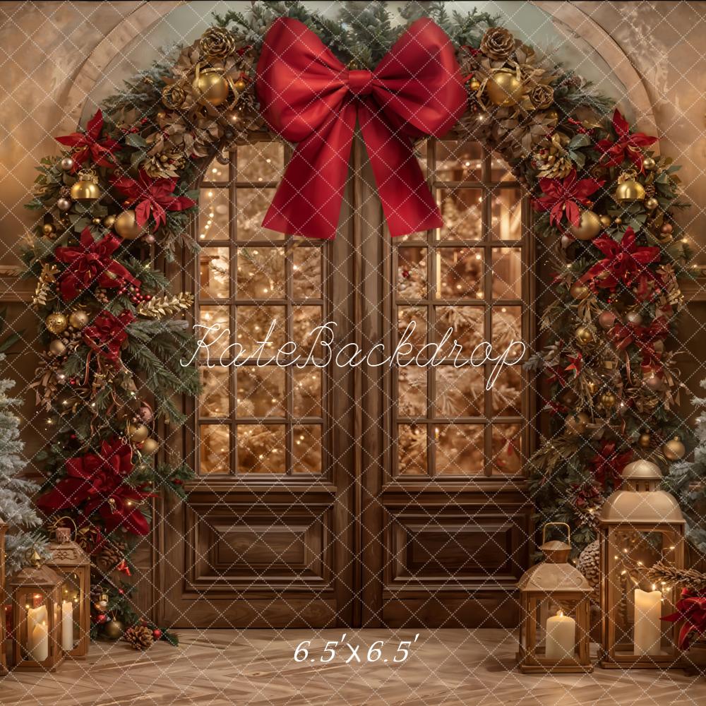Kate Christmas Arch Door Red Bow Pine Trees Lanterns Backdrop Designed by Emetselch