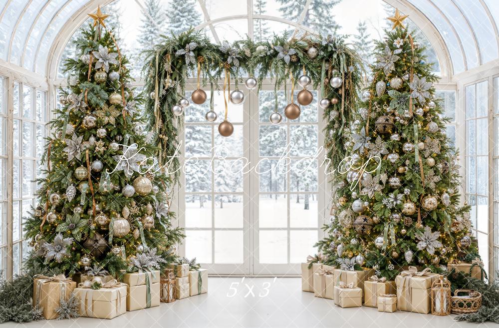 Kate Christmas Greenhouse Trees Garland Gifts Gold Ornaments Printed Backdrop Designed by Emetselch