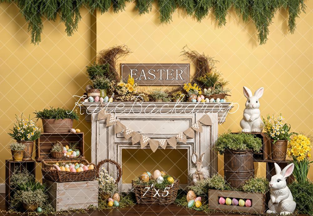 Kate Easter Bunny Fireplace Eggs Yellow Flowers Backdrop Designed by Emetselch