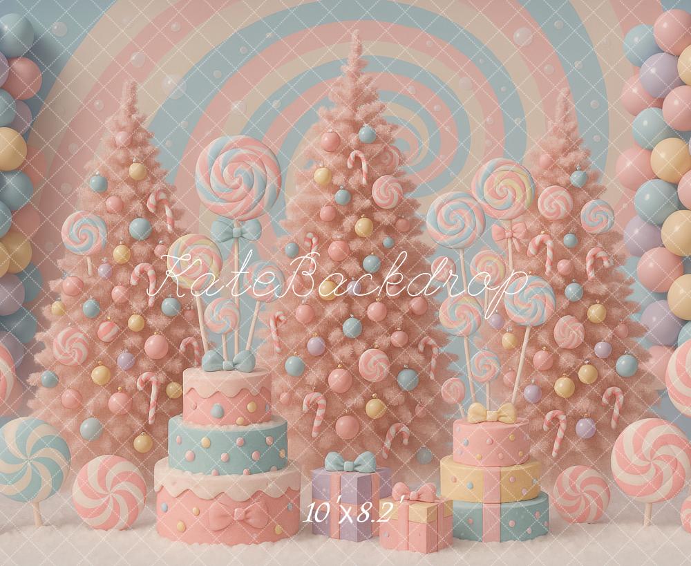 Kate Christmas Cake Smash Pastel Candy Land Trees Balloons Backdrop Designed by Ashley Paul