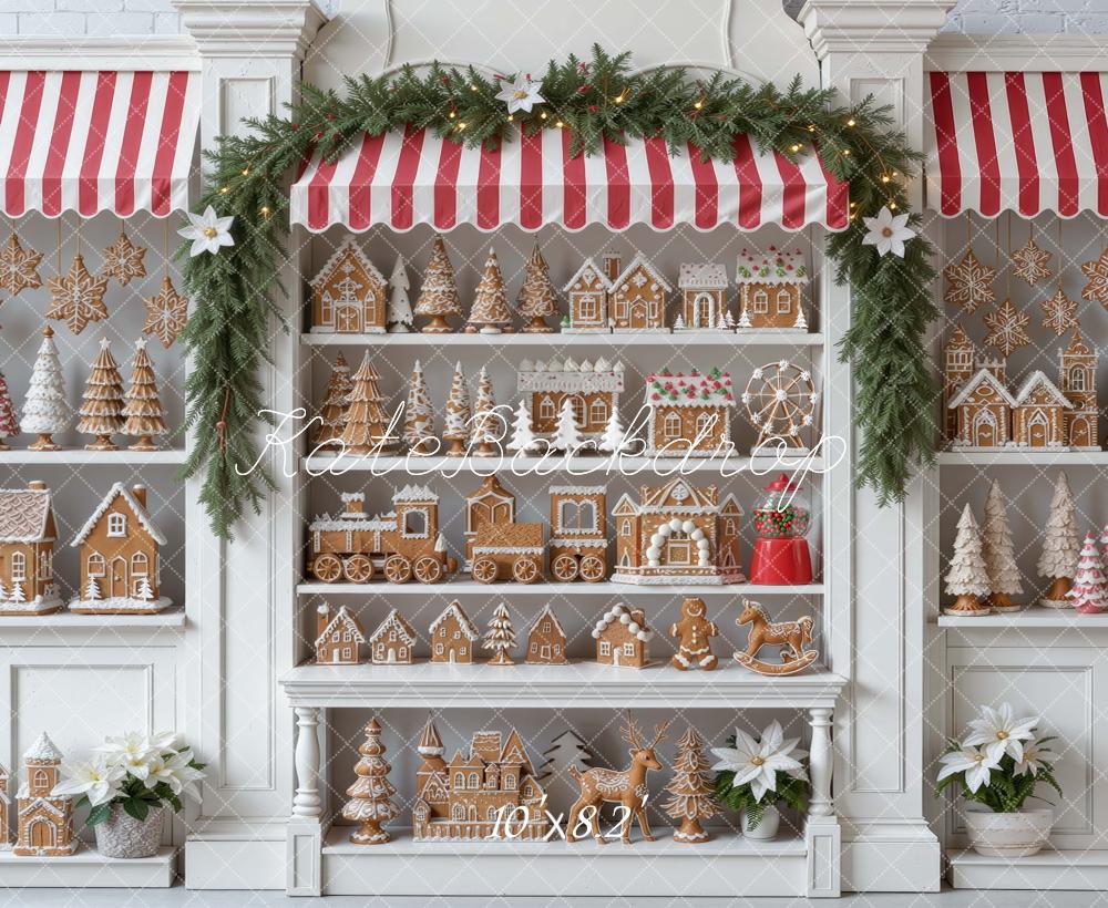 Kate Christmas Gingerbread Baking Storefront Cabinet Red Striped Awning Printed Backdrop Designed by Mini MakeBelieve
