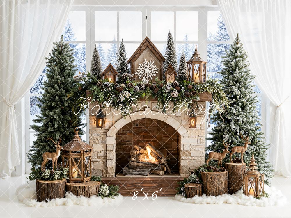 Kate Christmas Stone Fireplace Pine Trees Lanterns Deer Window Backdrop Designed by Emetselch