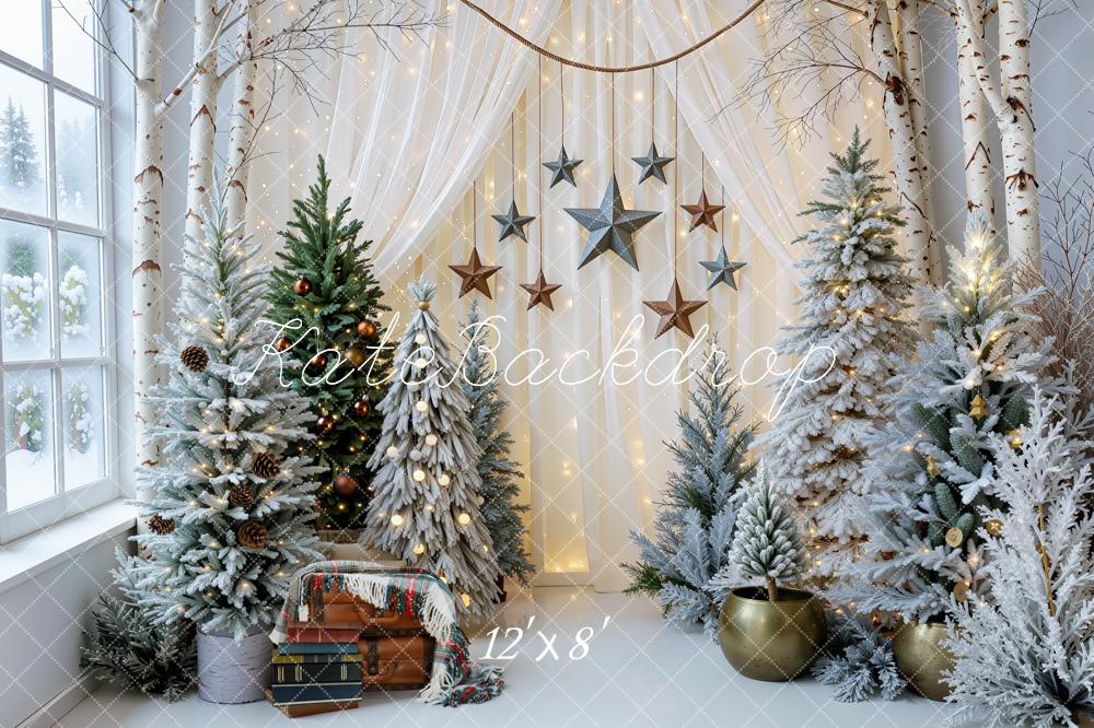 Kate Christmas Indoor Snowy Trees Cream White Curtains Stars Garland Printed Backdrop Designed by Mini MakeBelieve