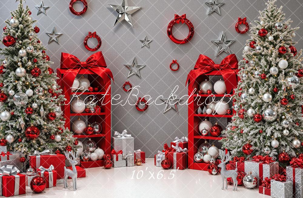 Kate Christmas Glitter Red Silver Trees Shelves Gift Boxes Printed Backdrop Designed by Mini MakeBelieve