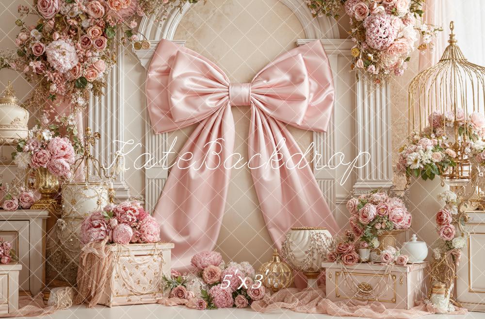Kate Pink Bow Floral Arch Birdcage Printed Backdrop Designed by Emetselch