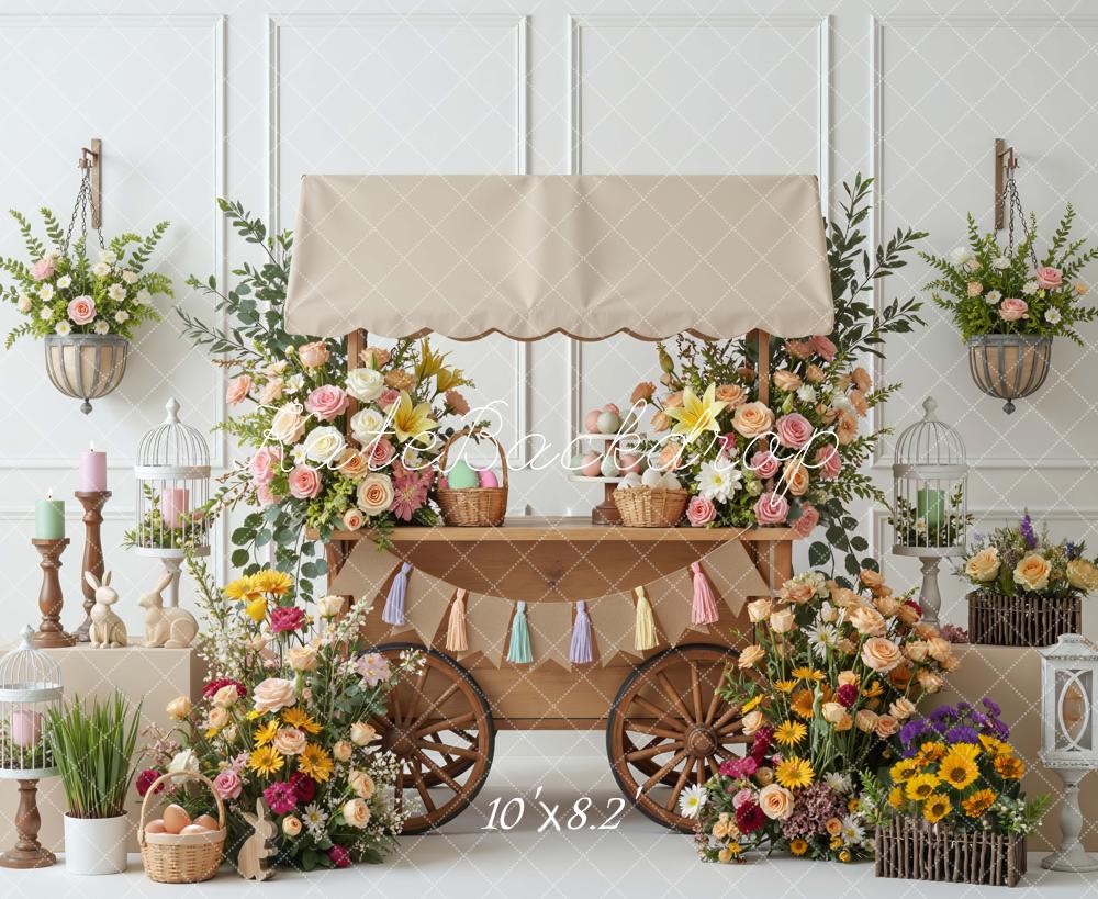 Kate Easter Bunny Flower Cart Pastel Eggs and Florals Backdrop Designed by Mini MakeBelieve