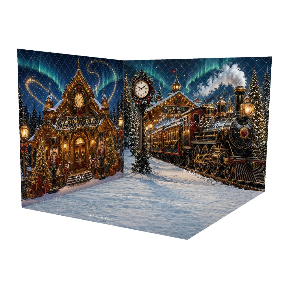 Kate Christmas Polar Train North Pole Station Snowy Trees Printed Backdrop Room Set