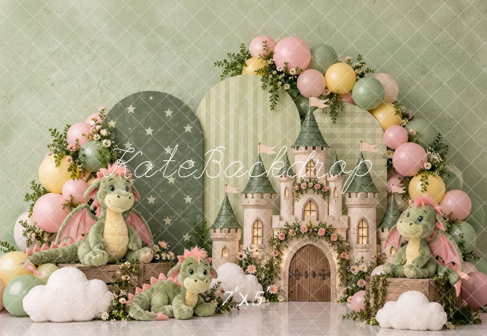 Kate Cake Smash Fantasy Green Arch Castle Dragons Flower Printed Backdrop Designed by Laura Bybee