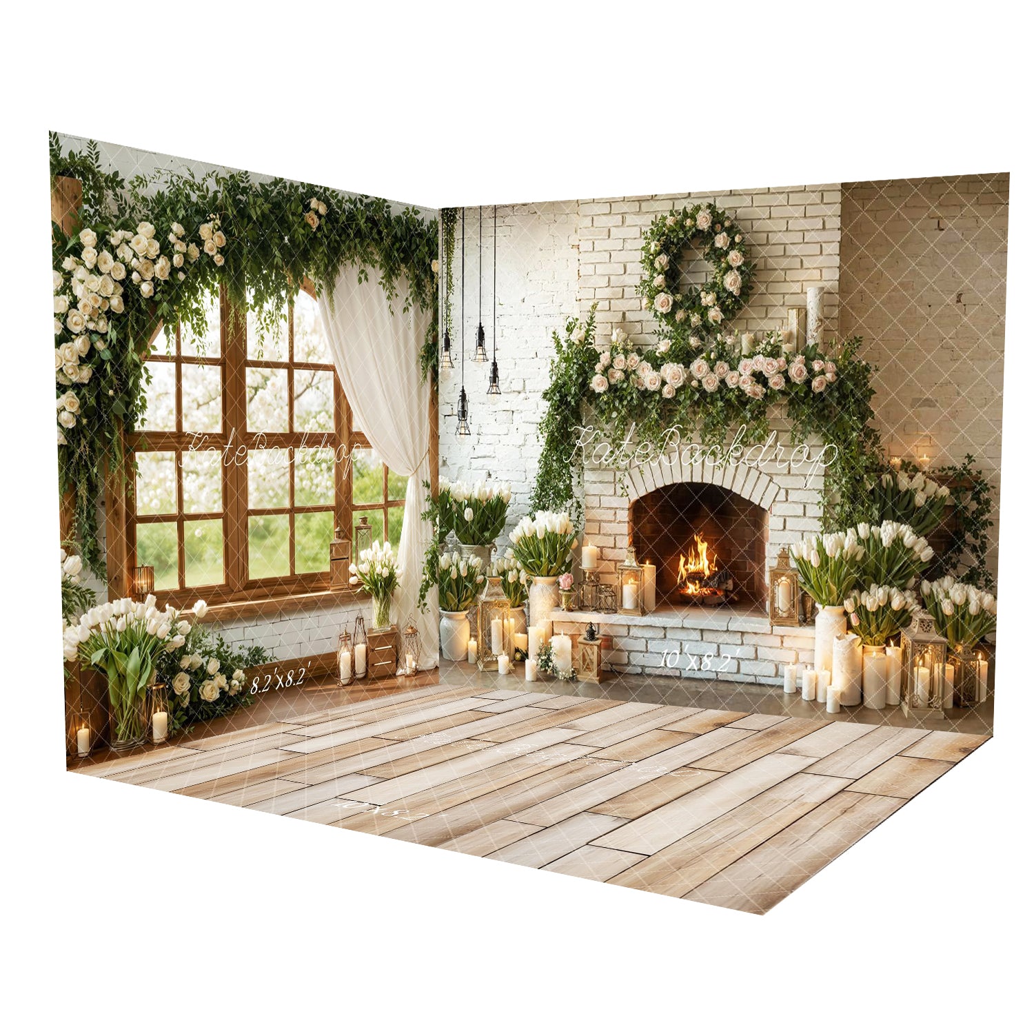 Kate Spring White Brick Fireplace Flower Arch Candles Greenery Backdrop Room Set
