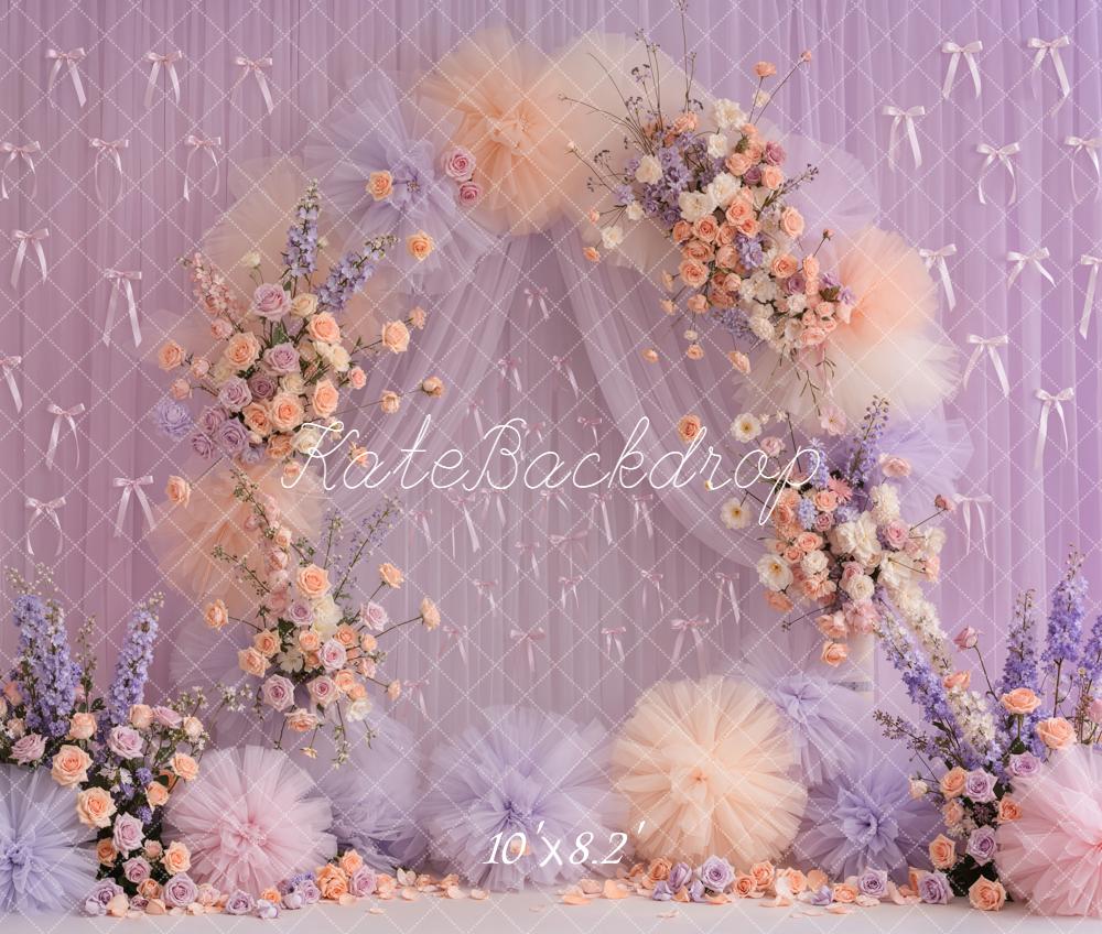 Kate Mother's Day Flower Arch Pastel Tulle Bows Purple Roses Backdrop Designed by Emetselch