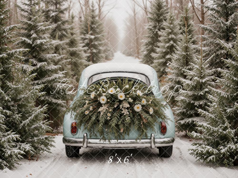 Kate Christmas Winter Vintage Car Evergreen Forest Flowers Snow Printed Backdrop Designed by Ashley Ward