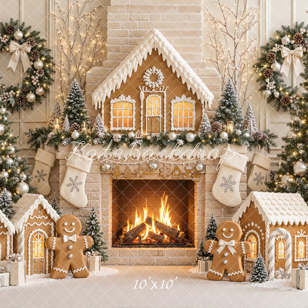 Kate Christmas Gingerbread Fireplace Christmas Trees Wreath Printed Backdrop Designed by Emetselch