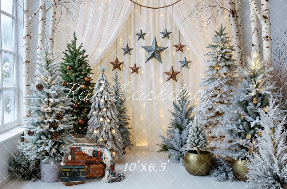 Kate Christmas Indoor Snowy Trees Cream White Curtains Stars Garland Printed Backdrop Designed by Mini MakeBelieve