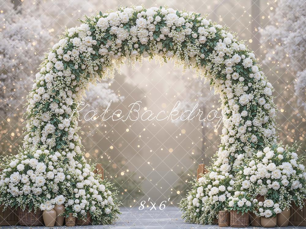 Kate Spring Flower Arch White Roses Bokeh Backdrop Designed by Mini MakeBelieve