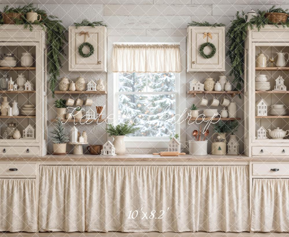 Kate Christmas Farmhouse Kitchen Cabinet Shelf White Printed Backdrop Designed by Mini MakeBelieve