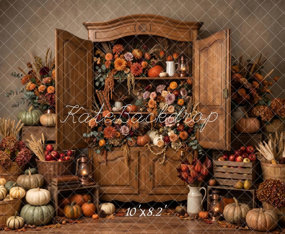 Kate Fall Brown Pumpkin Flower Vintage Cabinet Printed Backdrop Designed by Patty Roberts