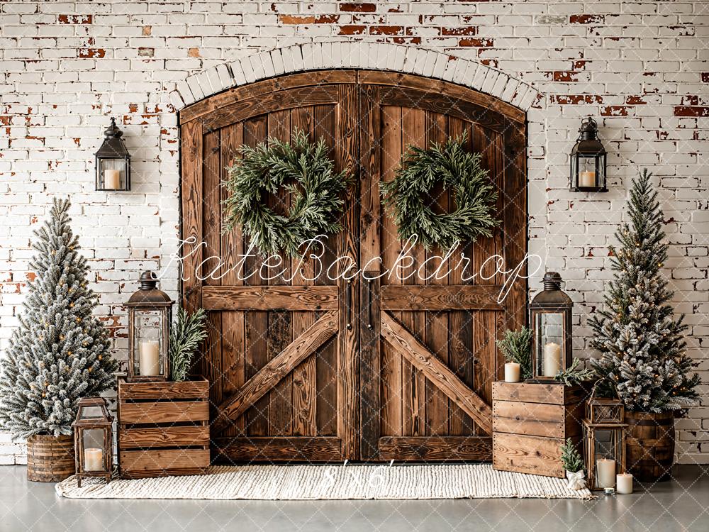 Kate Christmas Rustic Wooden Barn Door Wreaths Snowy Trees Backdrop Designed by Emetselch