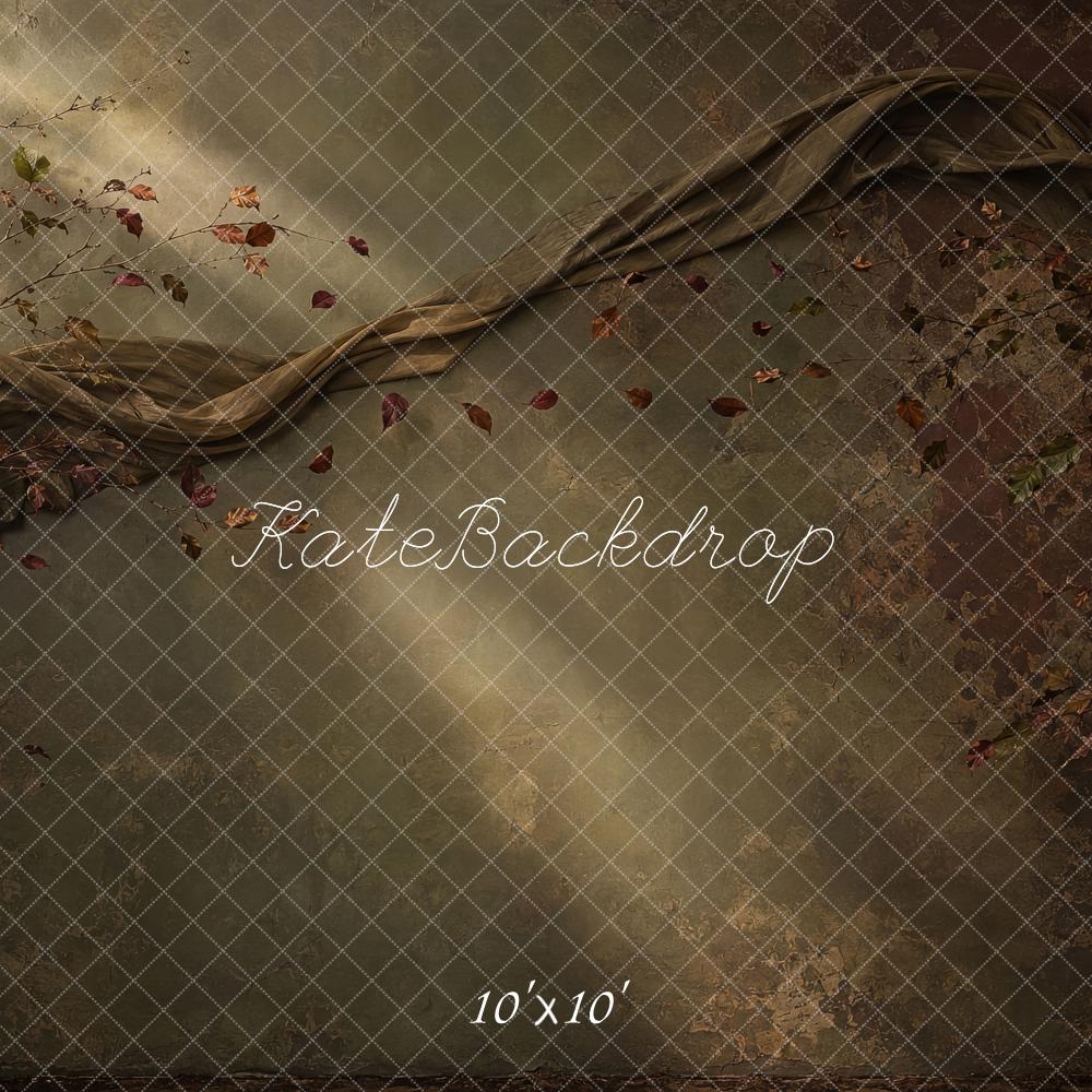 Kate Fall Branches Draped Fabric Light Rays Olive Green Printed Backdrop Designed by Shutter Swan Studios