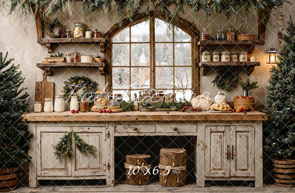 Kate Christmas Kitchen Rustic Window Garland Pine Trees Backdrop Designed by Emetselch