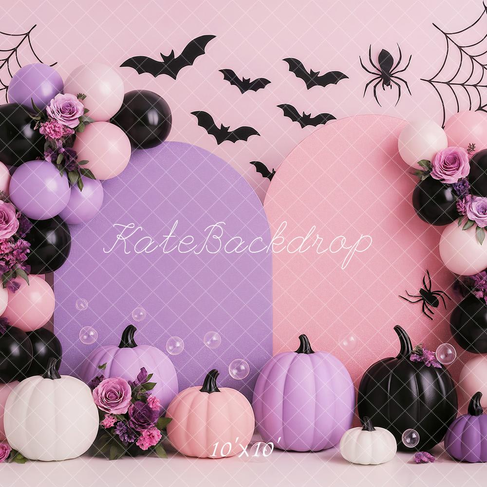 Kate Halloween Pink Purple Balloons Pumpkins Bats Spiderwebs Backdrop Designed by Ashley Paul