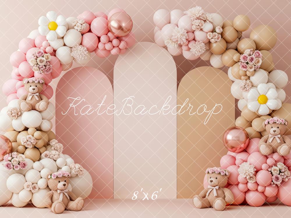 Kate Cake Smash Flower Arch Balloons Teddy Bears Backdrop Designed by Patty Roberts