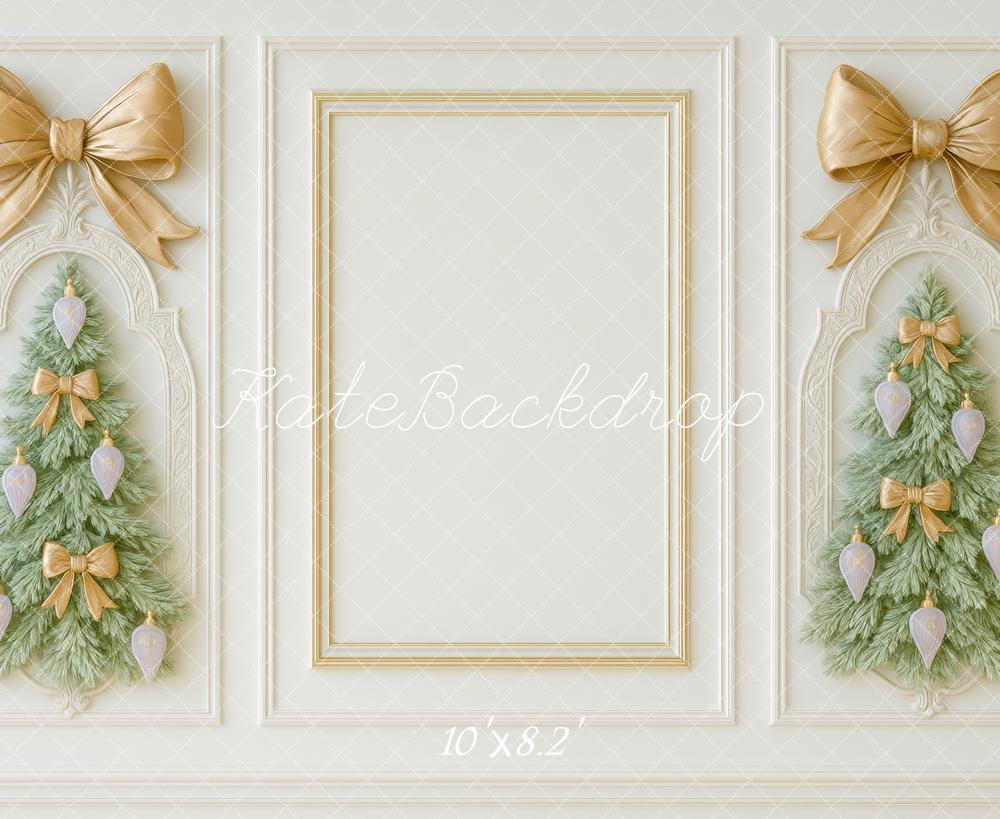 Kate Christmas Tree Gold Bow White Wall Backdrop Designed by Mini MakeBelieve