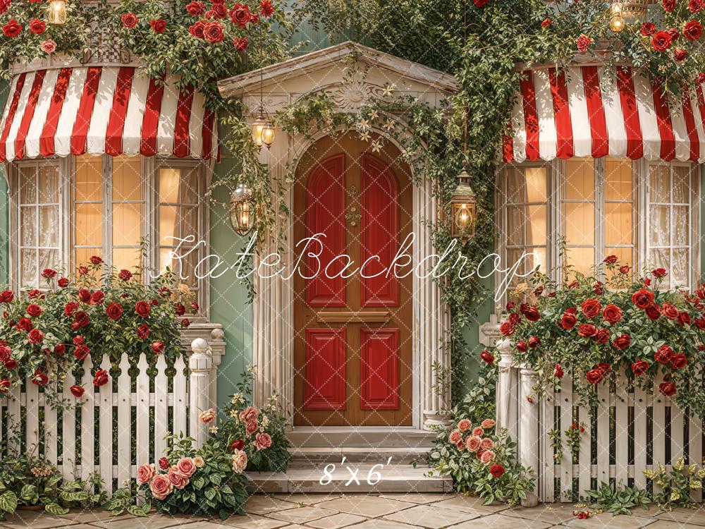 Kate Valentine's Day Red Striped Awning Door Rose Garden Porch Backdrop Designed by Emetselch