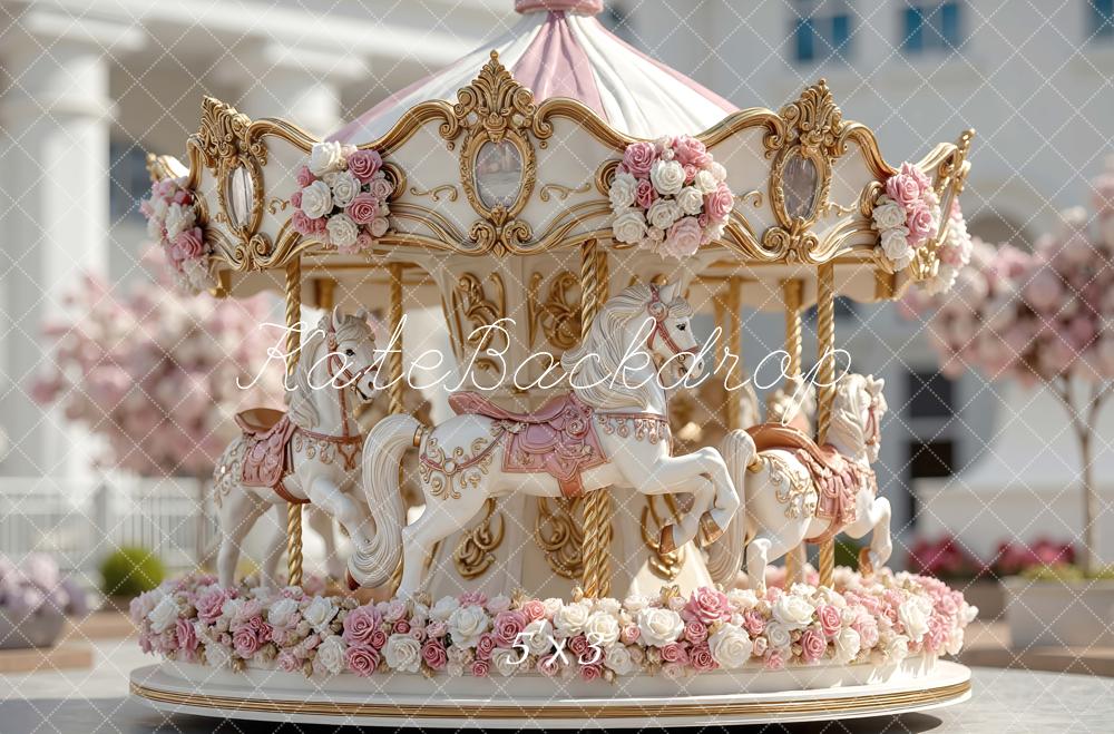 Kate Carousel Pink Floral Roses Horses Backdrop Designed by Mini MakeBelieve