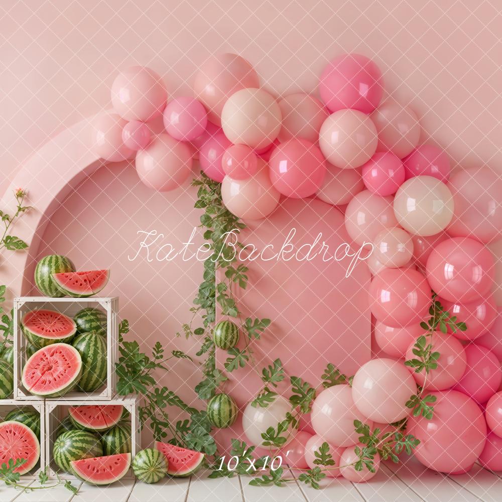Kate Cake Smash Pink Balloon Arch Watermelon Crate Printed Backdrop Designed by Emetselch