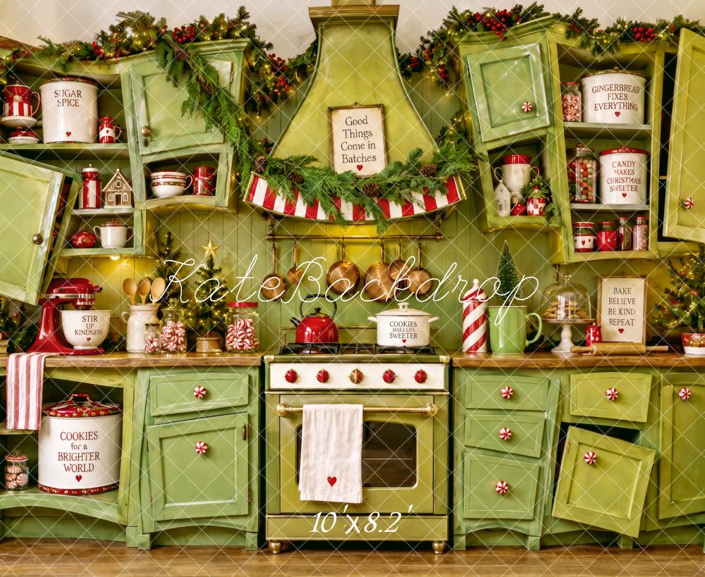 Kate Christmas Whimstical Green Kitchen Cabinet Printed Backdrop Designed by Patty Roberts