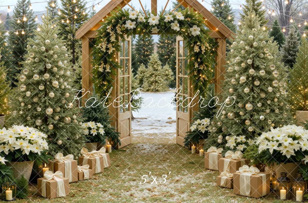 Kate Christmas Rustic Wood Arch Christmas Tree Presents Poinsettia Printed Backdrop Designed by Mini MakeBelieve